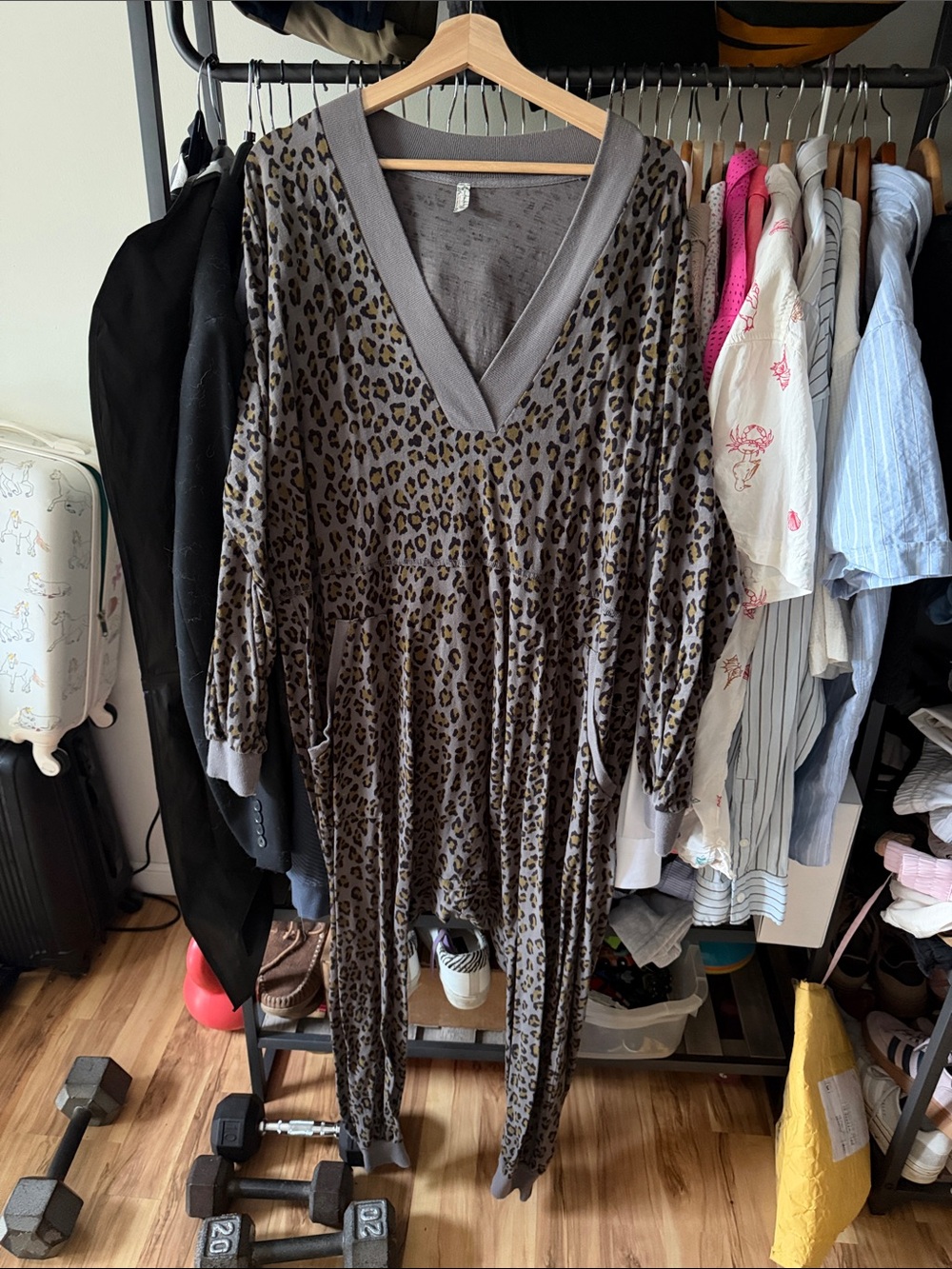 Free People Gray Leopard Print V-Neck Women's Jumpsuit